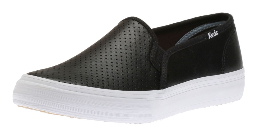 Women Keds | Double Decker Black Perforated Leather Slip-On Sneaker