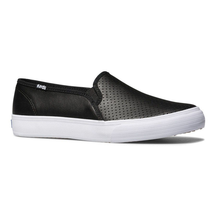 Women Keds | Double Decker Black Perforated Leather Slip-On Sneaker